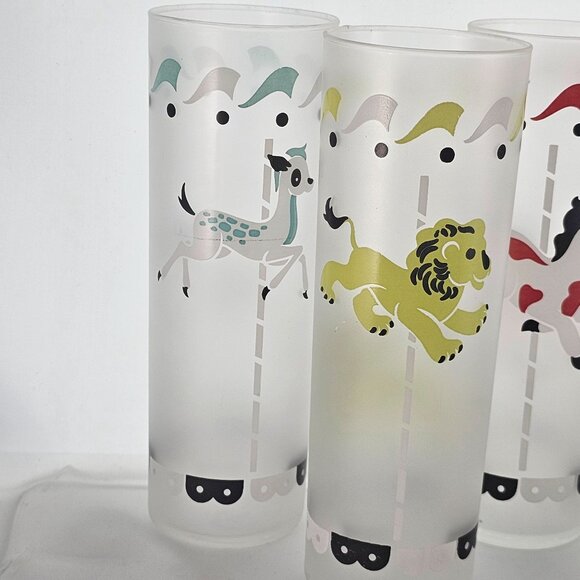 5 Libbey Merry-Go-Round Cocktail Glasses 7" satin frosted barware 1950s circus - Picture 5 of 9